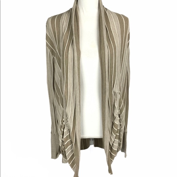 Cardigan Tan White Striped Large Cotton Sweater - Picture 1 of 5